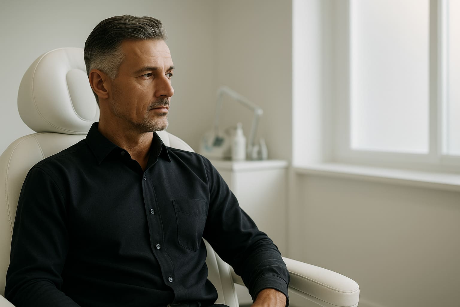 Man with natural, masculine facial balance and subtle refinement around the mouth area